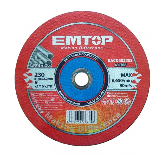 Disco Abrasivo Corte 115mm(4 1/2") X 1.2mm(3/64") X 22.2mm(7/8") C/Plano E Inox Emtop (Set. 50/1) Set 50
