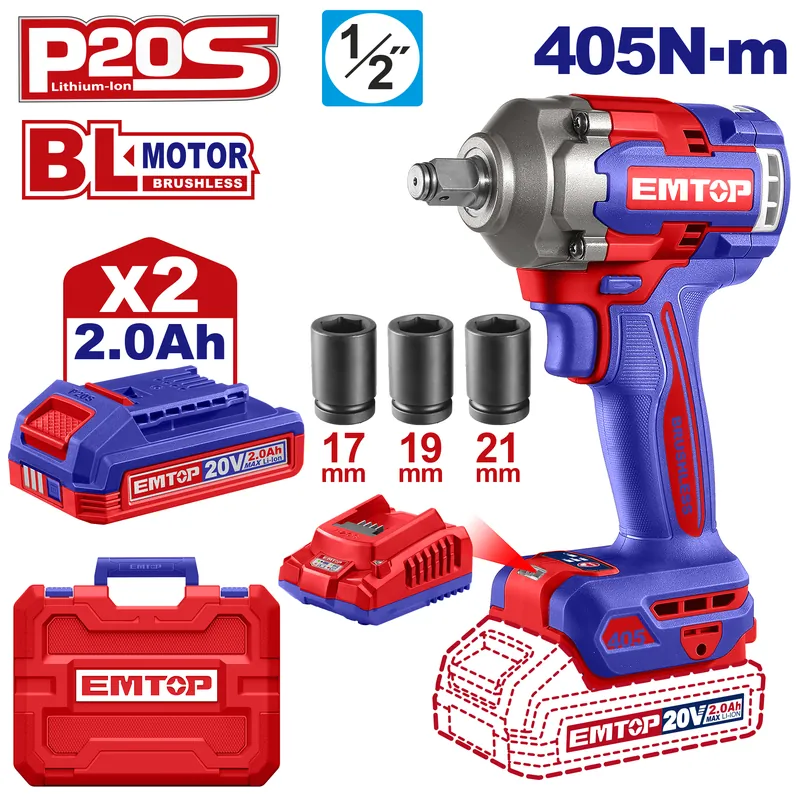 Llave De Impacto Inalambrico 1/2 20v (110-120v~50/60hz) (2 Baterias + Cargador) Emtop 405 Nm
